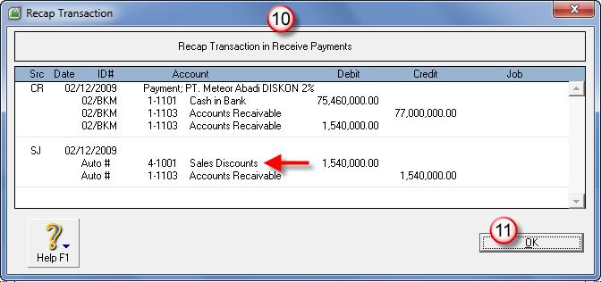 LKS Akuntansi Nasional 2010/2011 Jakarta 111 Transaksi ini dicatat melalui modul Sales Receive Payment (Ctrl B) 1. Customer : pilih customer PT. Meteor Abadi 2.