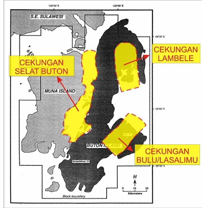 Gambar 2.4. Penyebaran Cekungan di Pulau Buton (modifikasi dari Davidson, 1991). 2.4.2 Buton Utara (Cekungan Lambale) Sepanjang sisi barat Pulau Buton merupakan jalur linier perbukitan memanjang dari bagian tengah sampai utara pulau.
