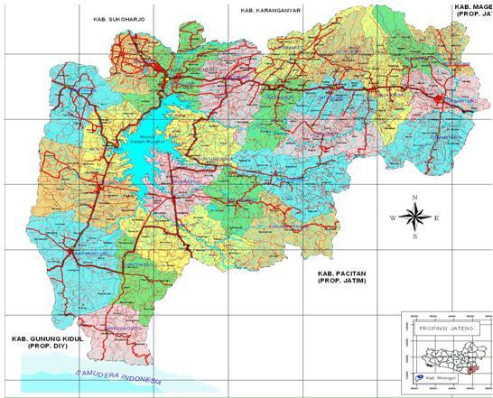 Kabupaten Wonogiri secara administratif berbatasan dengan beberapa daerah kabupaten, administrasi berikut : sebagaimana gambar peta wilayah Gambar 1 Peta Wilayah Administrasi Kabupaten Wonogiri Dari