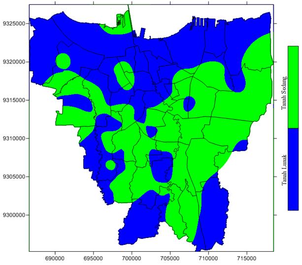 Gambar-3. Peta sebaran klasifikasi tanah wilayah Jakarta dari 218 data titik bor.