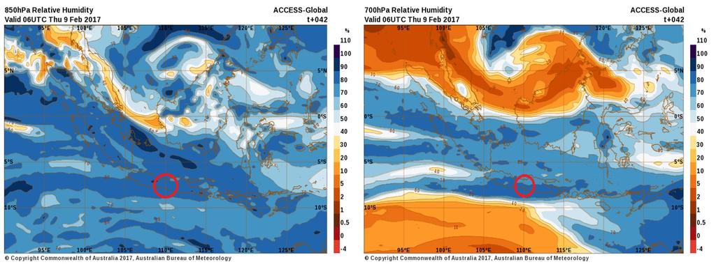 A.8 Kelembaban Relatif Berdasarkan data kelembaban relatif (Sumber: BOM Australia), pada lapisan 850 & 700 mb di sekitar wilayah Yogyakarta, kelembaban relatif bernilai