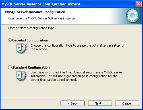 Gambar.0. Window MySQL Server Instance Configuration Wizard. Selanjutnya terdapat pilihan tipe konfigurasi yang diinginkan, Detailed Configuration atau Standard Configuration.