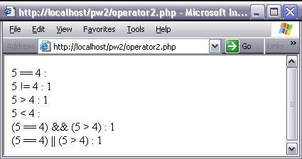 Program. : operator.php : Program operator logika dan perbandingan dalam PHP. <? $a = ; $b = ; echo "$a == $b : ". ($a == $b); echo "<br>$a!= $b : ". ($a!= $b); echo "<br>$a > $b : ".