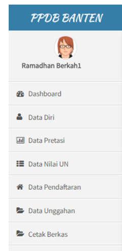 Fungsi menu-menu Dashboard Siswa Penjelasan Fungsi Menu : Data Diri : digunakan untuk melengkapi data diri Data Prestasi : digunakan untuk Calon Peserta jalur Prestasi Data Nilai UN : digunakan untuk
