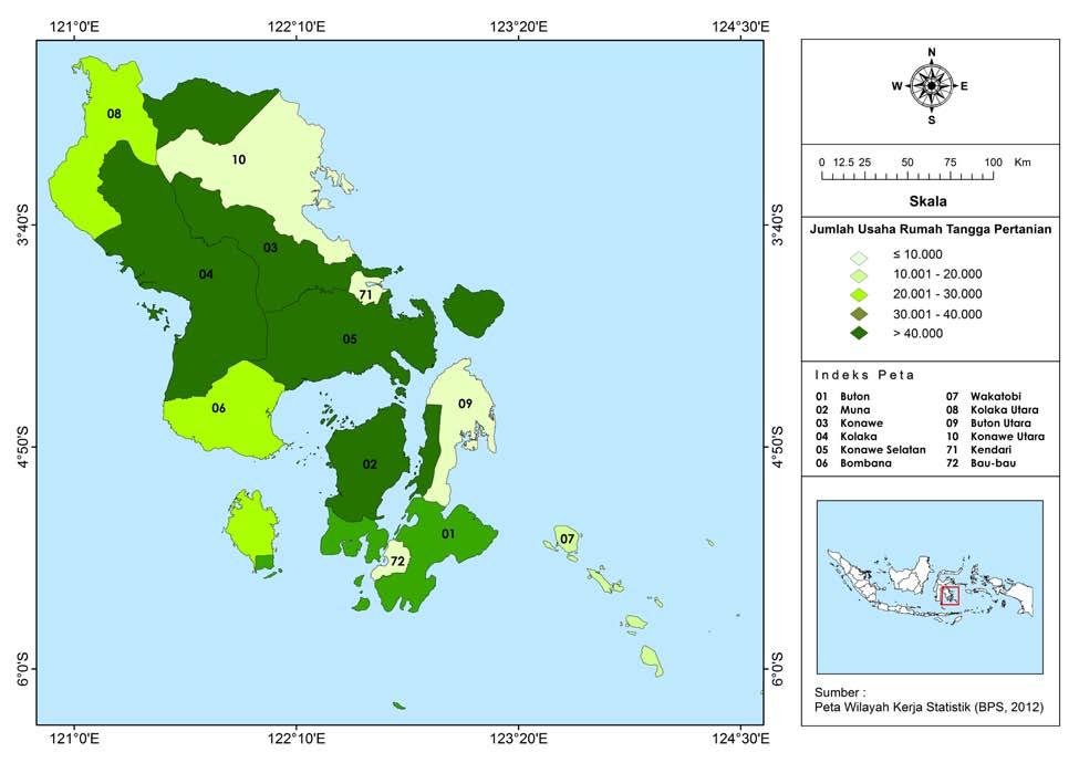 Penyebaran Rumah Tangga Usaha Pertanian di Sulawesi Tenggara Tahun