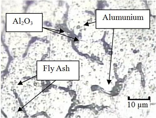 Struktur Mikro pada spesimen dengan komposisi Alumina % fly ash 12% dengan nilai kekerasan tertinggi yaitu 4,4 BHN.