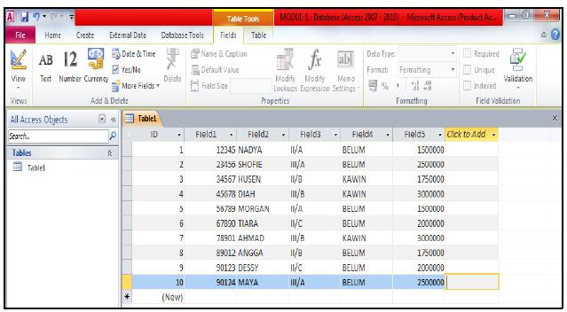 Membuat Tabel dengan Datasheet View Dalam keadaan standar setelah Anda membuat file database, maka yang muncul pertama kali yang aktif adalah objek tabel sudah tampil dalam