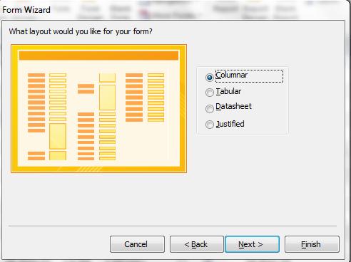 Lalu klik Next Pada kotak dialog selanjutnya, pilih dan klik salah satu tombol (radio button) pilihan layout form yang Anda inginkan.