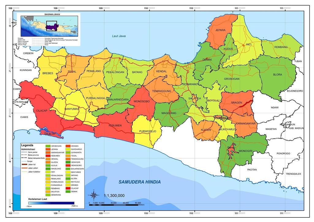 BAB II KEADAAN UMUM Peta 2.2 Peta Provinsi Jawa Tengah Berdasarkan Peta 2.2 bahwa wilayah Provinsi Jawa Tengah terletak diantara Provinsi Jawa Barat dan Provinsi Jawa Timur.