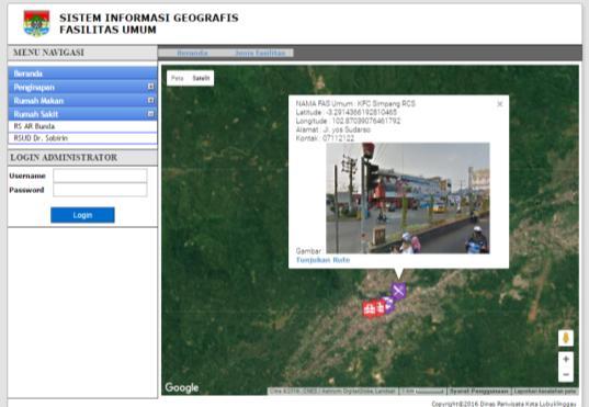 Implementasi Sistem Berikut merupakan tampilan dari aplikasi GIS fasilitas umum berbasis LBS : Gambar 5 : Halaman Home Page Dalam halaman depan aplikasi ini tampilan peta adalah peta kota