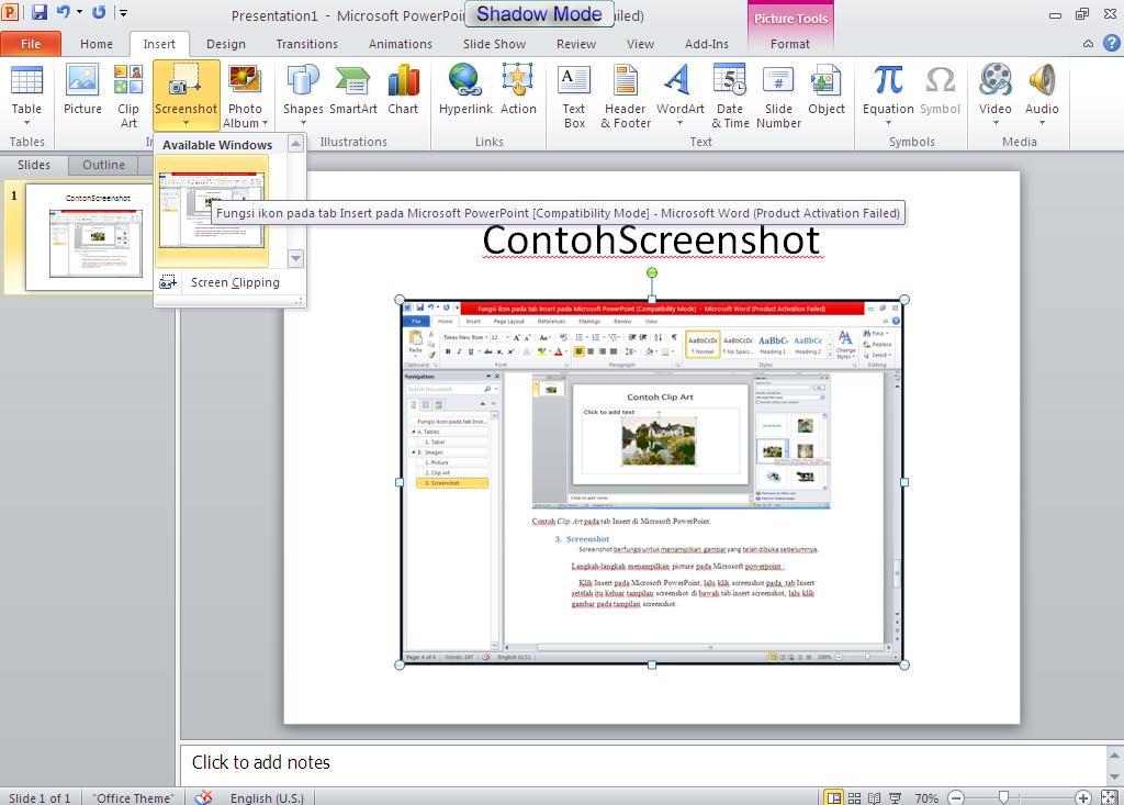 Langkah-langkah menampilkan screenshot pada Microsoft powerpoint : Klik Insert pada Microsoft PowerPoint, lalu klik