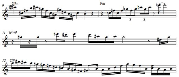 Pada birama ke 5 Moreno menggunakan pendekatan improvisasi kordal G# minor 7 yang dimulai dari nada tonika yaitu G#, unsur nada dari G# minor 7 yaitu G#, B, D#, F#.