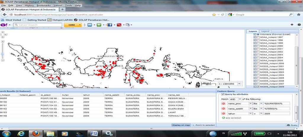 28 Gambar 7 Tampilan peta dan query pada Geoserver. Pada gambar diatas menunjukan tampilan peta disertai data hotspot tahun 2009 sesuai query yang diberikan. 4.