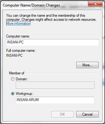 13. Klik Change untuk merubah Computer Name dan Workgroup.