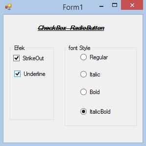 199 7. Klik ganda pada RadioButton2, kemudian ketikkan kode program berikut ini : Lbl_Font.Font = New Font("Microsoft sans Serif", Lbl_Font.Font.Size, _ Lbl_Font.Font.Style Xor FontStyle.