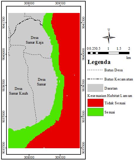 kualitas perairan terhadap habitat padang lamun (persamaaan (9)), sehingga diketahui wilayah mana saja yang sesuai bagi habitat lamun.