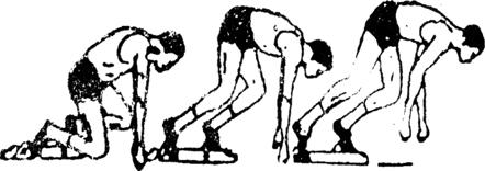 9 tubuh akan tegak, sedang langkah kaki menjadi lebih panjang sampai posisi yang wajar tercapai. Posisi balok start, berbeda - beda sesuai dan tergantung pada anatomi atlit.
