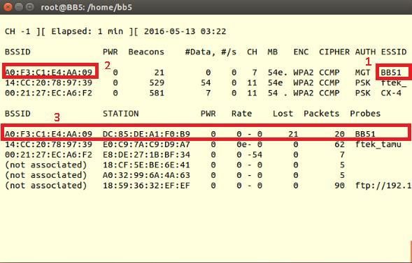 Gambar 4.21. Proses Monitoring Dengan Aircrack Keterangan: 1. SSID dari AP 2. MAC address dari AP 3. MAC address klien yang terhubung dengan AP 2.