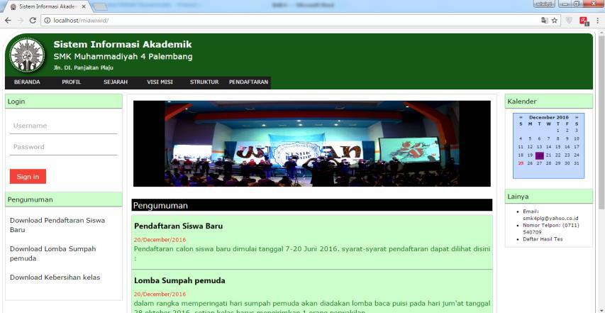 2 Form Menu Utama SMK Muhammadiyah 4 Palembang Form menu utama dari aplikasi yaitu berisi informasi tentang sekolah, berita akademik, dimana pengguna atau orang umum dapat mengetahui informasi