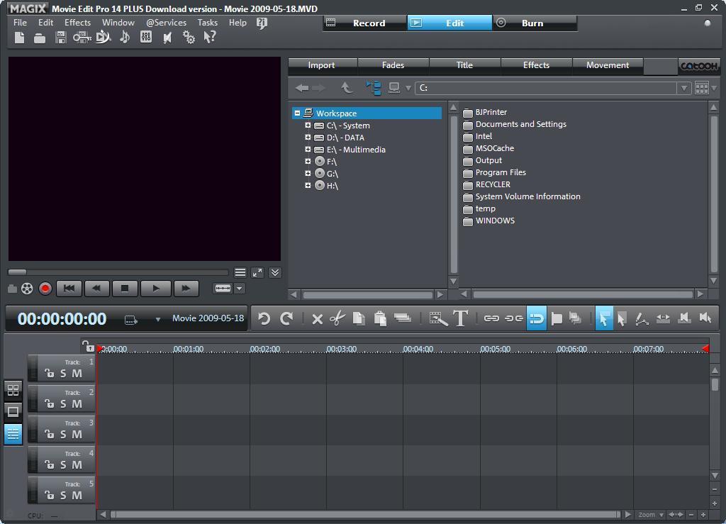 c. Penggabungan seluruh animasi yang telah dibuat dengan menggunakan program Movie Edit Pro 14. 1. Membuka program Movie Edit Pro 14. Gambar 3.50. Bidang Kerja Movie Edit Pro 14. 2.