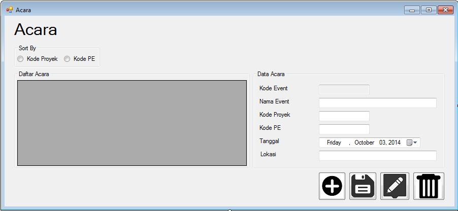 Gambar 4.77 Form Acara Pada Form Acara user harus menekan tombol add agar dapat mengisi form Event. Ketika tombol add ditekan, maka textfield Kode Event akan tampil secara otomatis.