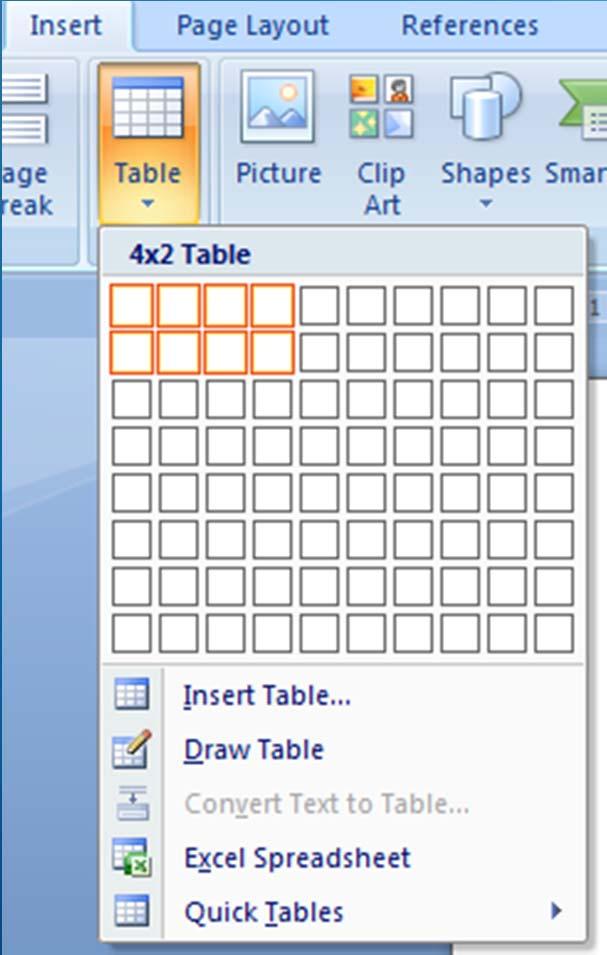 Table Klik Klik tab Insert kemudian Tabel pada group Tables. Akan muncul panel yang berisi 80 buah kotak, terususun menjadi 10 kolom dan 8 baris.