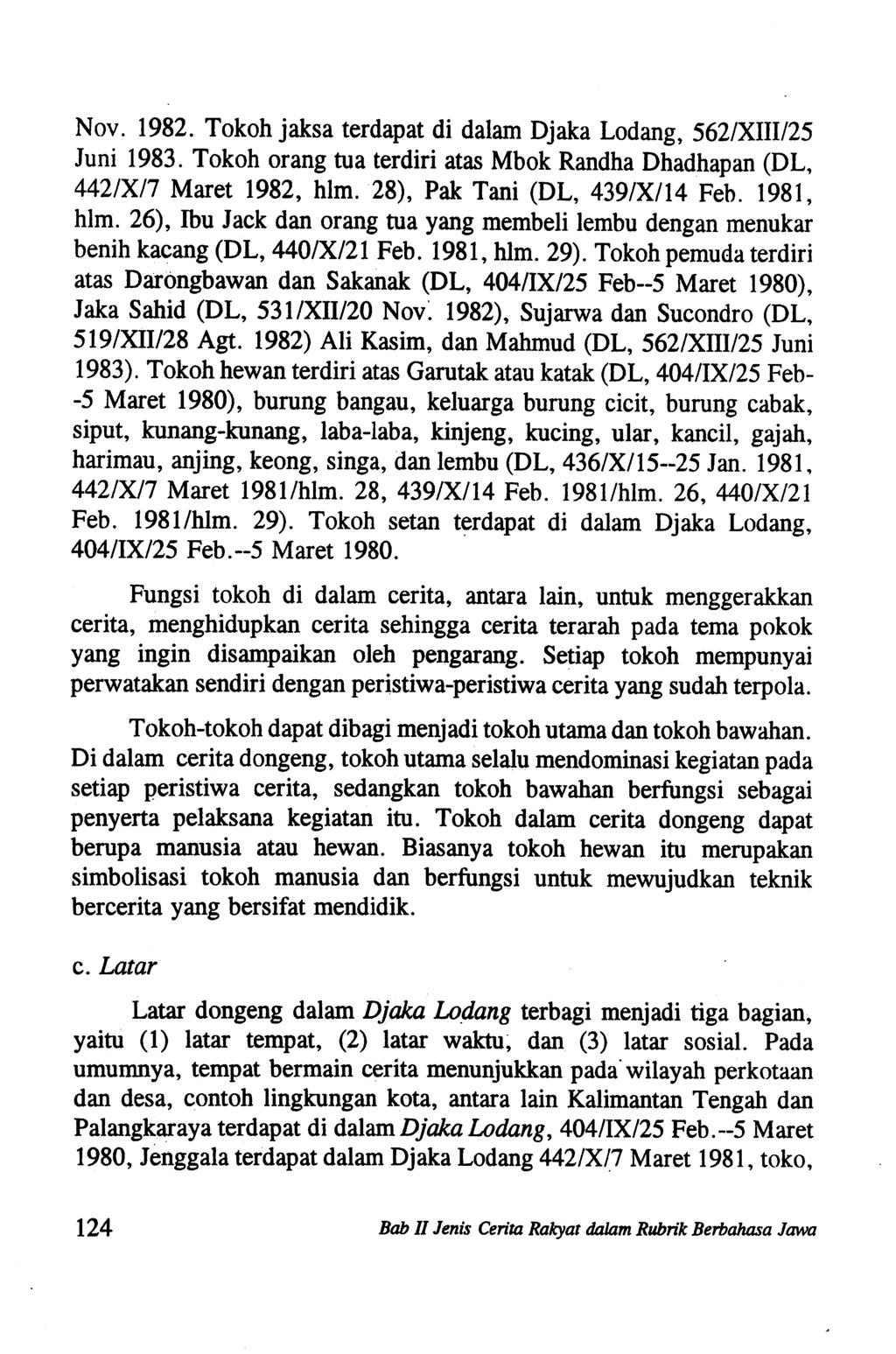 Nov. 1982. Tokoh jaksa terdapat di dalam Djaka Lodang, 562/XIII/25 Juni 1983. Tokoh orang tua terdiri atas Mbok Randha Dhadhapan (DL, 442/X/7 Maret 1982, him. 28), Pak Tani (DL, 439/X/14 Feb.