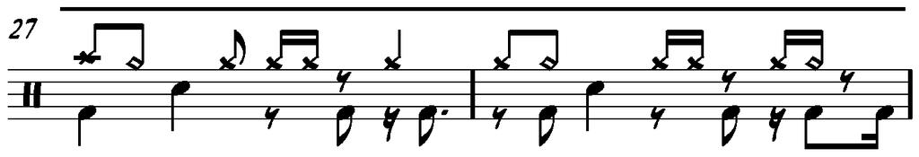 Bagian II Pada bagian kedua, teknik linear drumming dapat ditemukan pada birama lima puluh tiga hingga pada birama enam puluh.