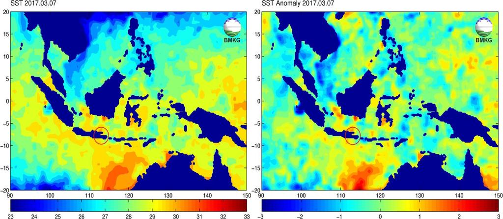sekitar wilayah kejadian wilayah Brebes. Gambar 4. SST dan anomaly perairan Indonesia tanggal 07 Maret 2017 (Sumber : www.bmkg.go.id/) B.