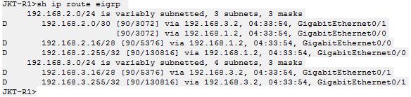 Berikut ini setelah semua router JKT-R1 telah dilakukan konfigurasi sesuai tabel 3, maka hasil dari routing prptoco eigrp dapat dilihat dengan mengetikan di dirouter