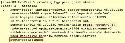 5 of 7 18/04/2011 16:38 prefix-out sesuai dengan prefix yang telah kita buat sebelumnya. Setelah langkah ini, seharusnya BGP Router Mikrotik sudah dapat terkoneksi dengan Router Anda.