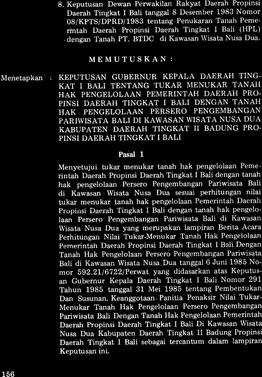 8. Keputusan Dewan Perwakilan Rakyat Daerah Propinsi Daerah Tingkat I Bali tanggal 8 Desember 1983 Nomor 08/KPTS/DPRD/1983 tentang Penukaran Tanah Pemerintah Daerah Propinsi Daerah Tingkat I Bali