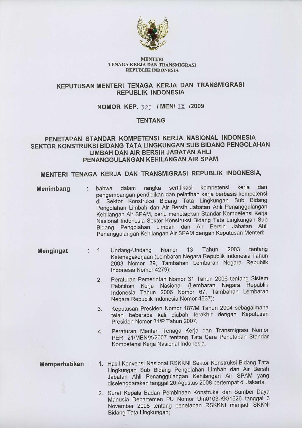 TENAGA KERfffi lloonr*.*., REPIJBLIK INDONESIA KEPUTUSAN MENTERI TENAGA KERJA DAN TRANSMIGRASI REPUBLIK INDONESIA NOMOR KEP.