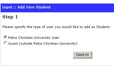 Gambar 2.80 2.7.2.2 Pilih user yang akan ditambahkan sebagai student / user yang dibimbing, lalu klik tombol Next>>. *Ket: Petra Christian University = dosen/mahasiswa/staf Universitas Kristen Petra.