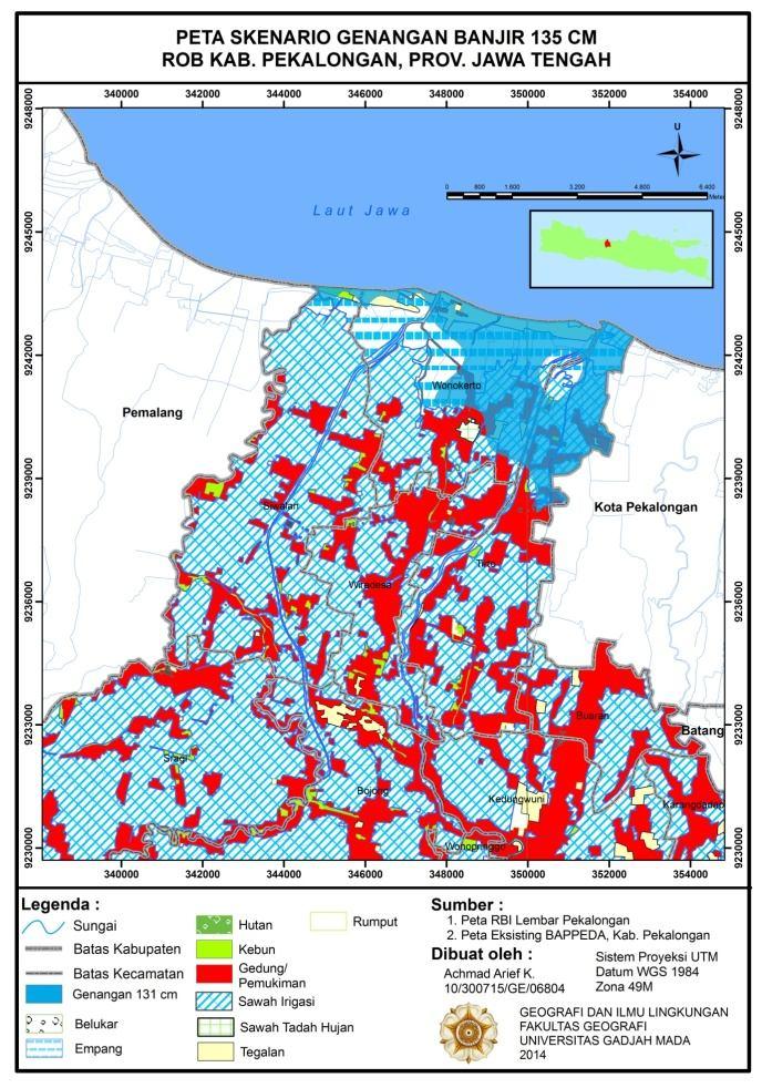 Gambar 6. Peta genangan banjir rob 91 cm Banjir rob di wilayah pesisir Kabupaten Pekalongan selain dikarenakan dari faktor alam juga terjadi karena adanya faktor yang bukan berasal dari alam.