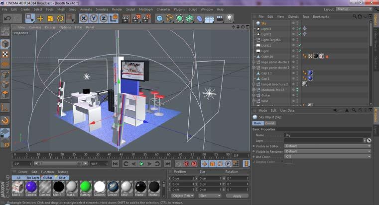 Berpandu pada catatan dan sketsa yang dibuat, praktikan membuat modeling desain booth dengan menggunakan perangkat lunak pengolah tiga dimensi yaitu Maxon Cinema 4D.