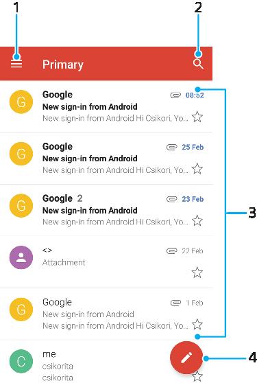 1 Melihat daftar semua akun Gmail dan folder 2 Mencari pesan email 3 Daftar pesan email 4 Menulis pesan email Cara