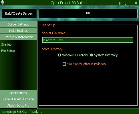 9. Klik menu File Setup, disini kita menentukan nama samaran Trojan pada saat Trojan berjalan. Biasanya nama file yang digunakan mirip dengan File System Windows seperti printer.exe, system32.