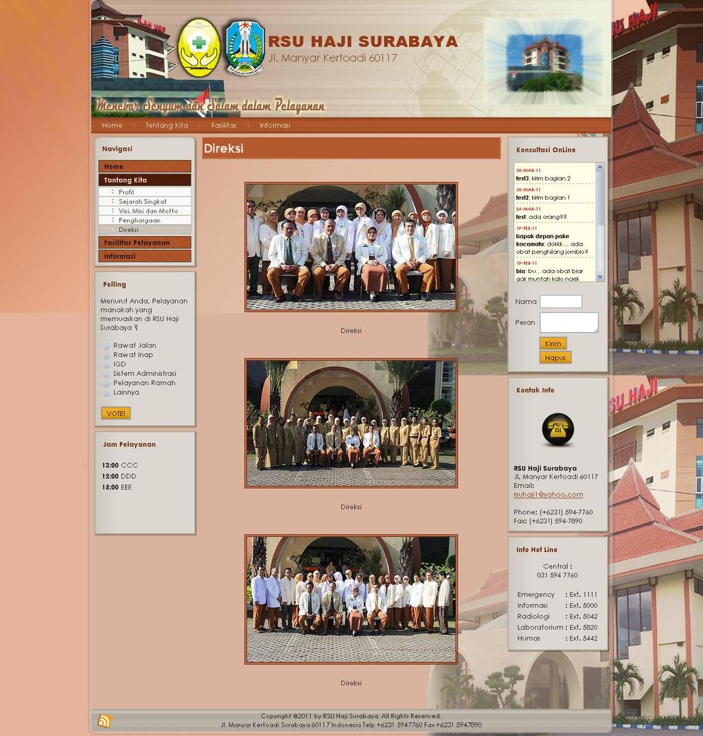 35 Gambar 4.4.1.6 Halaman Direksi dari RSU Haji Surabaya 4.4.1.7 Halaman Fasilitas Pelayanan Kesehatan Halaman ini menunjukkan apa saja fasilitas-fasilitas yang ada di RSU Haji Surabaya.