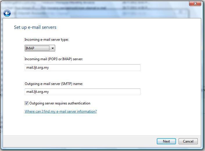 Pilih IMAP dari menu bagi incoming mail server type.