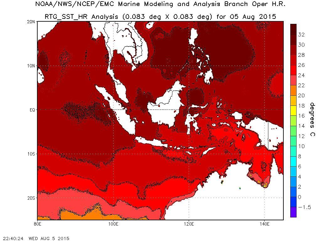 2.2 Analisa Cuaca Regional 2.2.1 Suhu Muka Laut Nilai suhu muka laut di pantai utara Aceh, tanggal 5 Agustus 2015 berkisar +28 s/d +30 0 C dengan anomaly +0.
