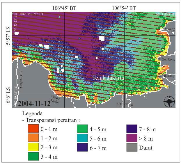 Gambar 17. Transparansi perairan Teluk Jakarta pada musim hujan tahun 2004 dari model y = -3312.x 3 + 3724.x 2-1264.x + 136.