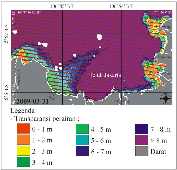 Gambar 22. Transparansi perairan Teluk Jakarta pada musim hujan tahun 2009 dari model y = -3312.x 3 + 3724.x 2-1264.x + 136.