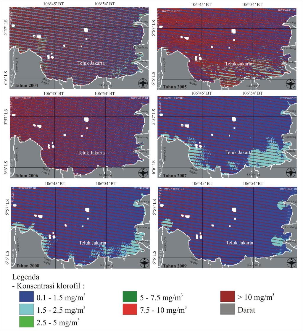 4.4.1 Klorofil-a perairan Teluk Jakarta musim kemarau Gambar di bawah merupakan gambar distribusi klorofil-a perairan Teluk Jakarta pada musim kemarau mulai tahun 2004-2009. Gambar 23.