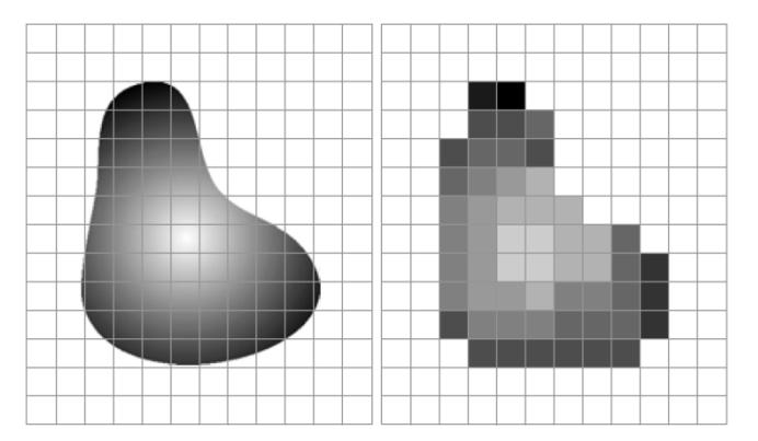 Gambar 2.2: Proses sampling dan kuantisasi. (kiri) Gambar citra kontinu yang ditempatkan pada sensor array.