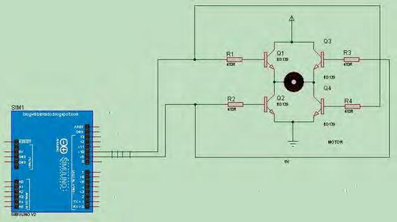 Gambar 3.15 Skema rangkaian drive motor H-bridge transistor Dengan Motor DC Pada rangkaian diatas, driver motor h-bridge transistor mendapat input dari pin 9 dan pin 10 arduino.
