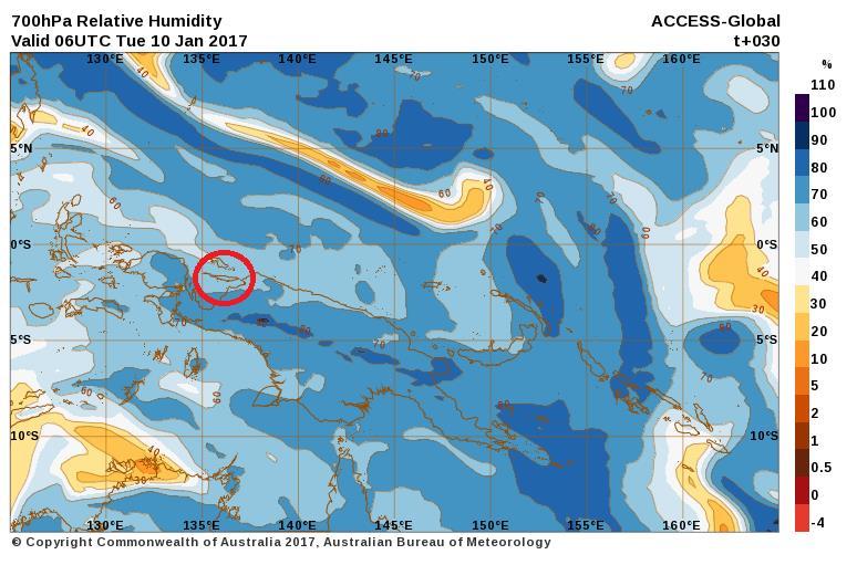 G. Relative Humidity Gambar 8. Prediksi Kelembaban Udara Lapisan 700 mb pada Jam 06.00 UTC tanggal 10 Januari 2017 (Sumber : www.bom.gov.