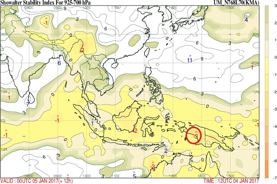 Gambar 12. Showalter Indeks jam 00.00 UTC tanggal 05 Januari 2017 Nilai Showalter Indeks yaitu -3 yang mengindikasikan kemungkinan terjadi badai guntur. III. KESIMPULAN 1.
