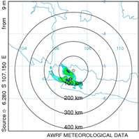 Pada Gambar 6 juga dapat terlihat pola dispersi pada bulan Desember tanggal 22 Desember pukul -18 UTC, di mana gambar tersebut menunjukan sumber asap berada pada ketinggian 9 m AGL yang bergerak