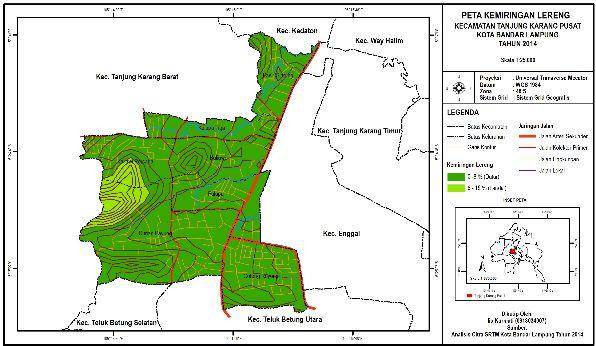 4 Kemiringan Lereng Kemiringan lereng di Kecamatan Tanjung Karang Pusat terdiri atas dua kelas kemiringan lereng, yaitu kelas lereng I datar (0-8%) dan sebagian kecil termasuk Kelas lereng II landai